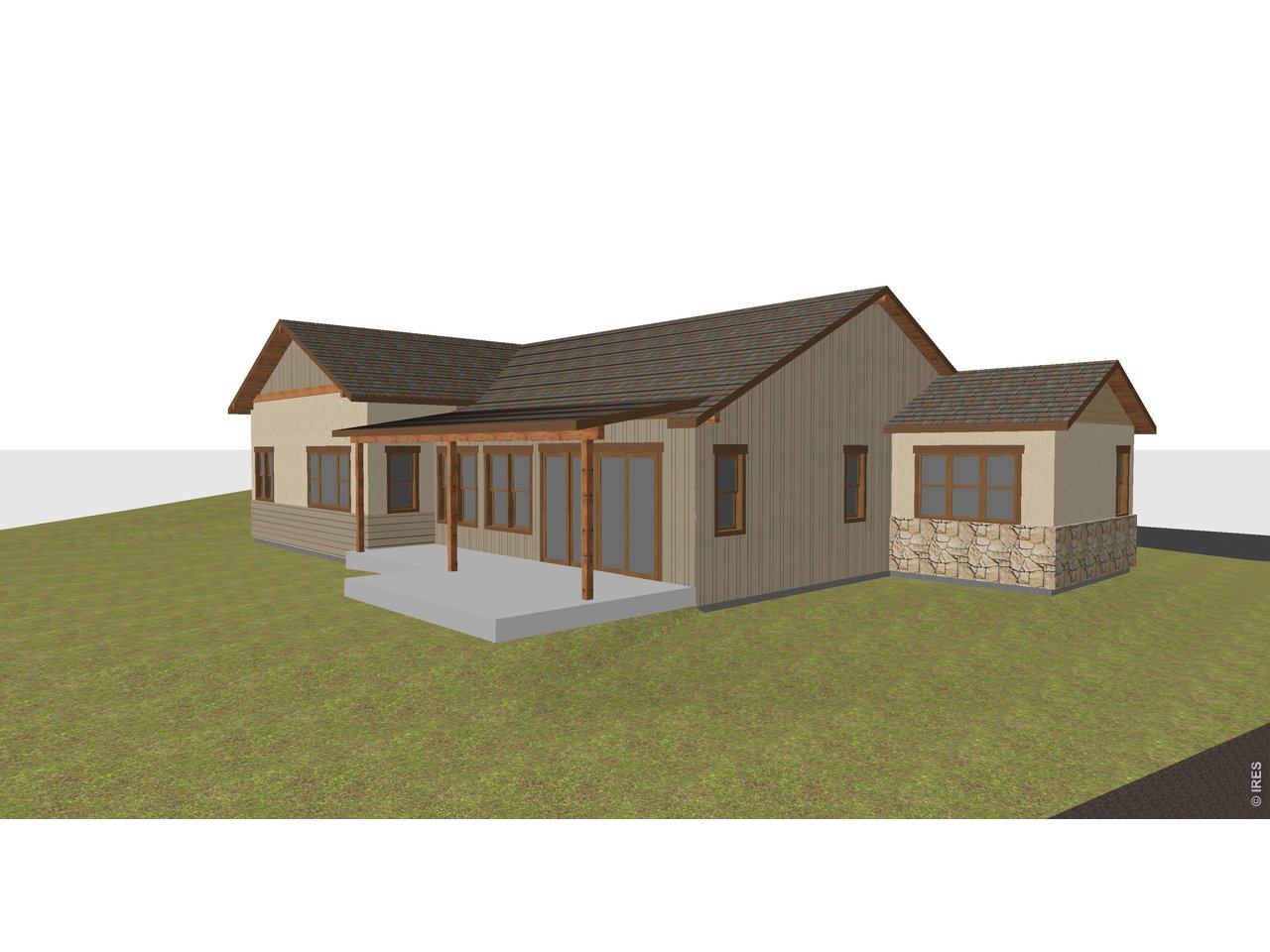 Composition Hardy siding with timber and stone accents, large concrete patio and open floor plan.