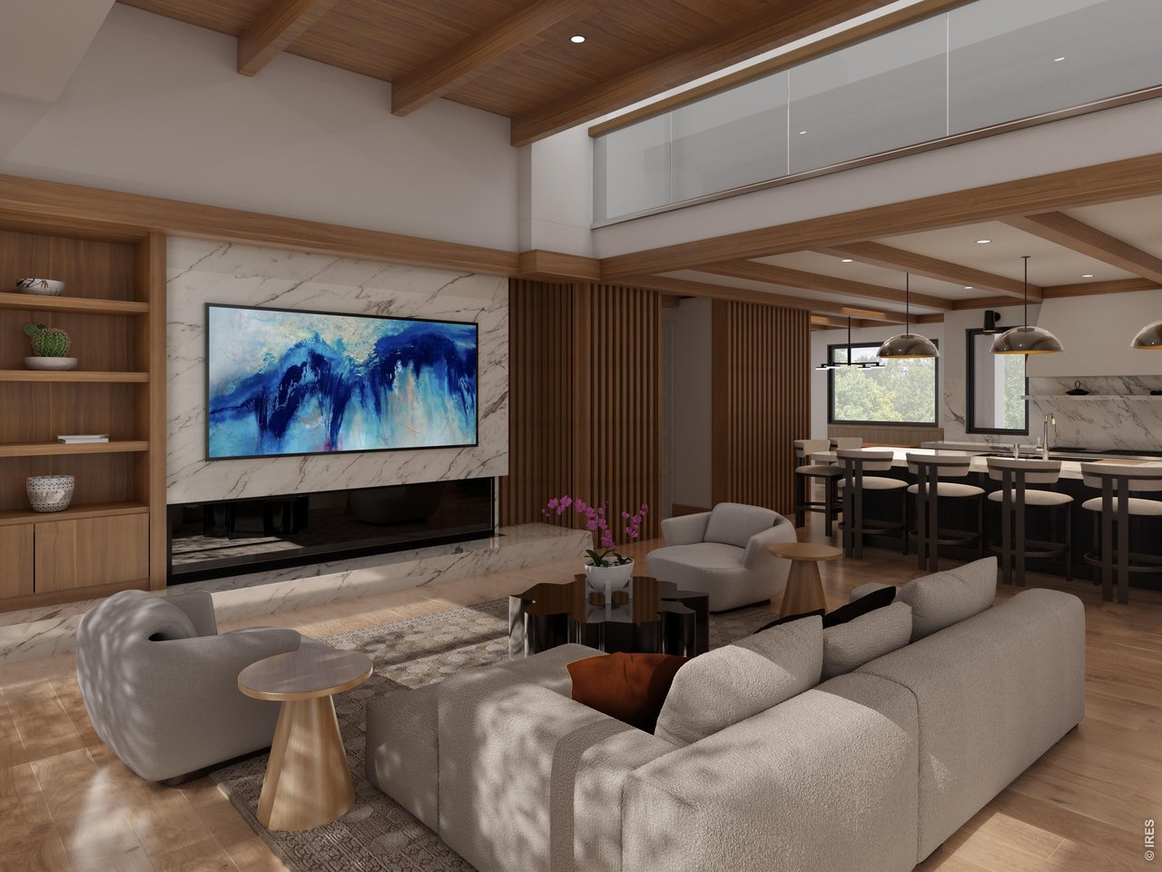 Open living room with custom built-ins. The perfect place to cozy up for relaxed evenings. 