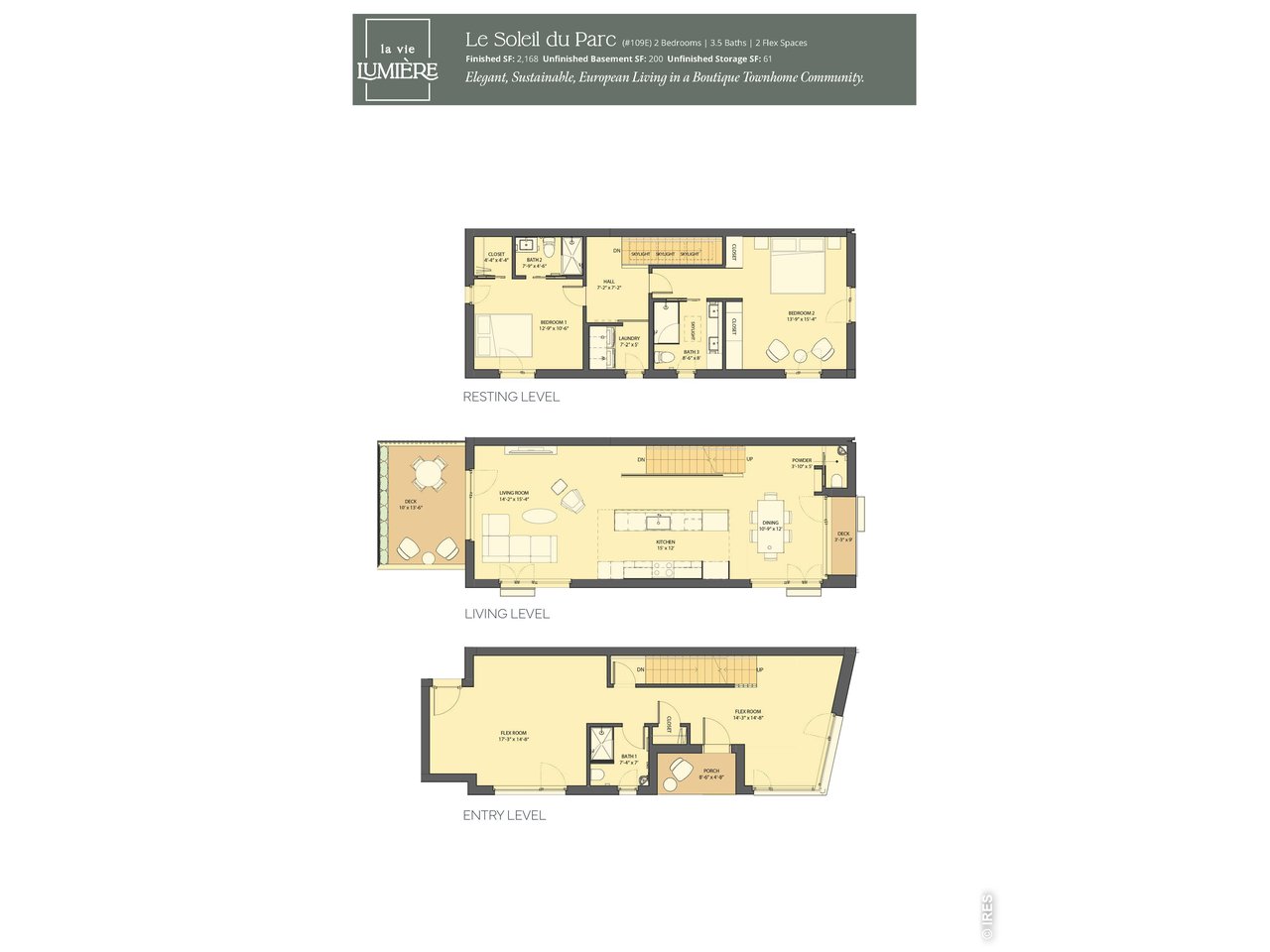 Le Soleil du Parc, at over 2,168 SQFT Finished, 2 Bedrooms, 4 Bathrooms and a Generously sized flex-level that that "flex" to a main level bedroom or Oversized Office/Studio space. Oversized Sun Deck off the main level to the west and another to the east