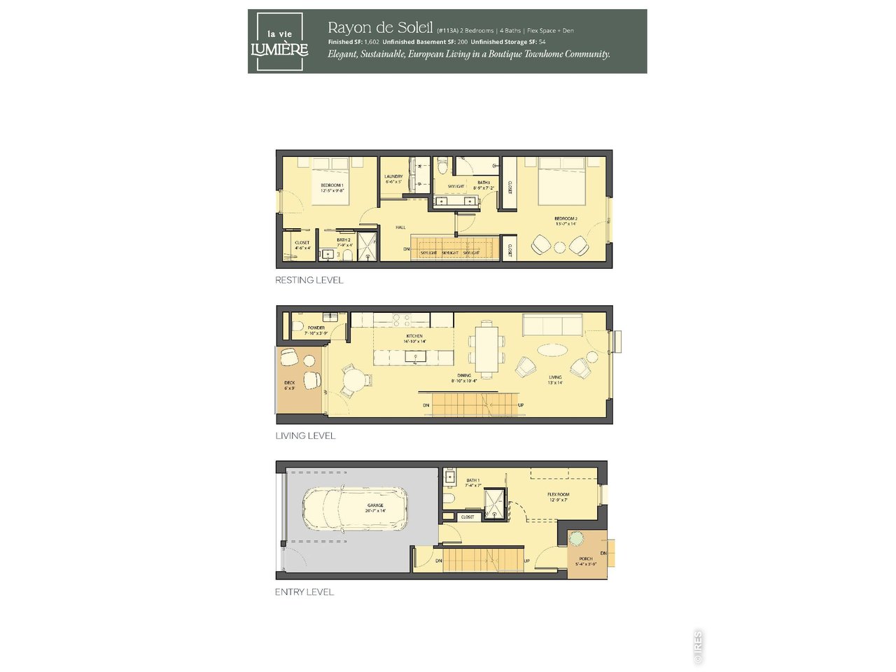 Rayon de Soleil, at 1,602 finished square feet with 2 Bedrooms up, 4 Baths and a spacious flex-space area for a wonderful in home office or flexes to a main level 3rd bedroom - attached oversized insulated and finished single car garage. 