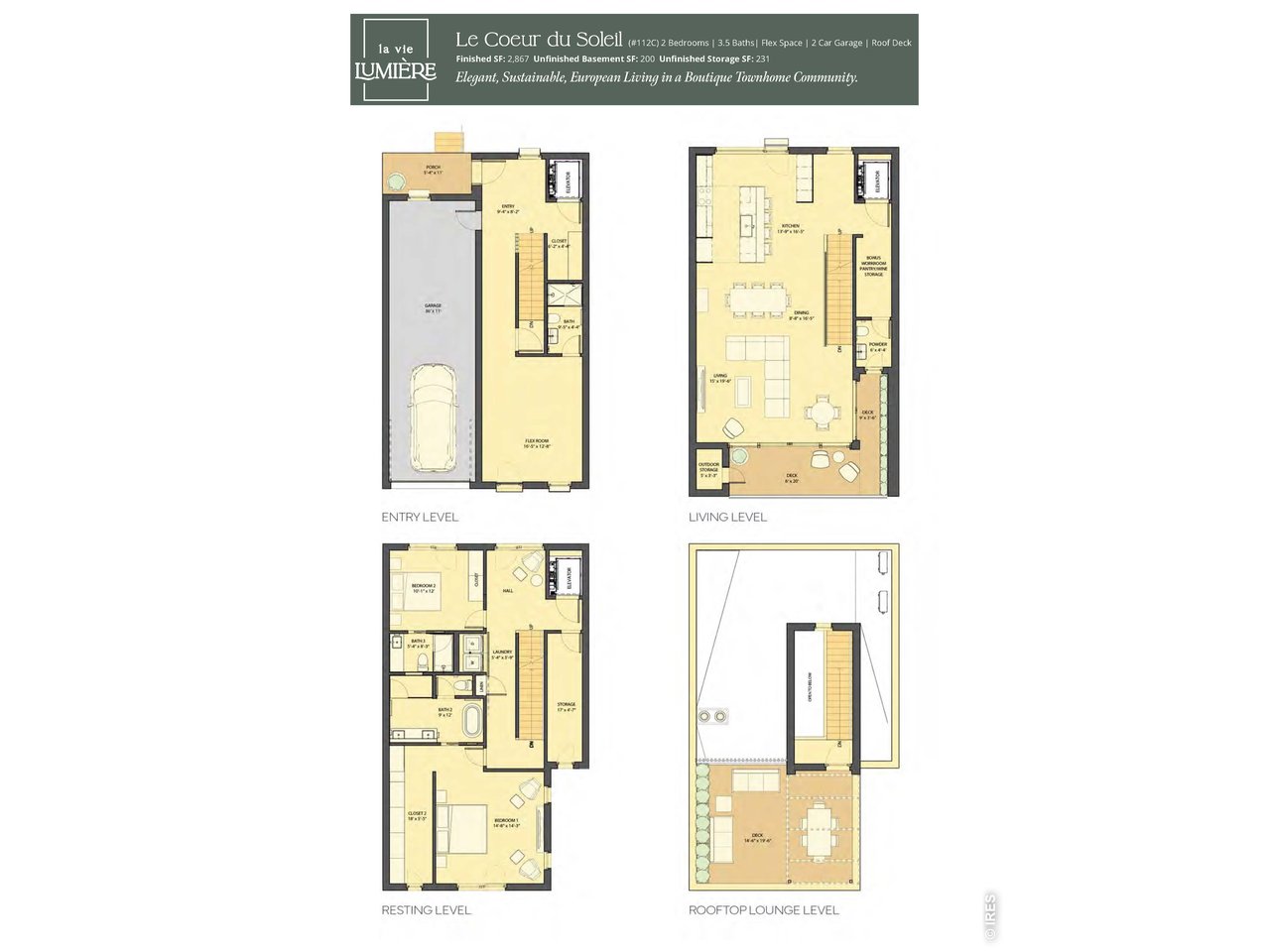 Le Coeur du Soleil 2,867 SQFT Finished, with 2 Bedrooms, 4 Baths, and a Flexspace on the main level for a 3rd Bedroom or an Office, private Elevator and 2 car tandem garage. 
