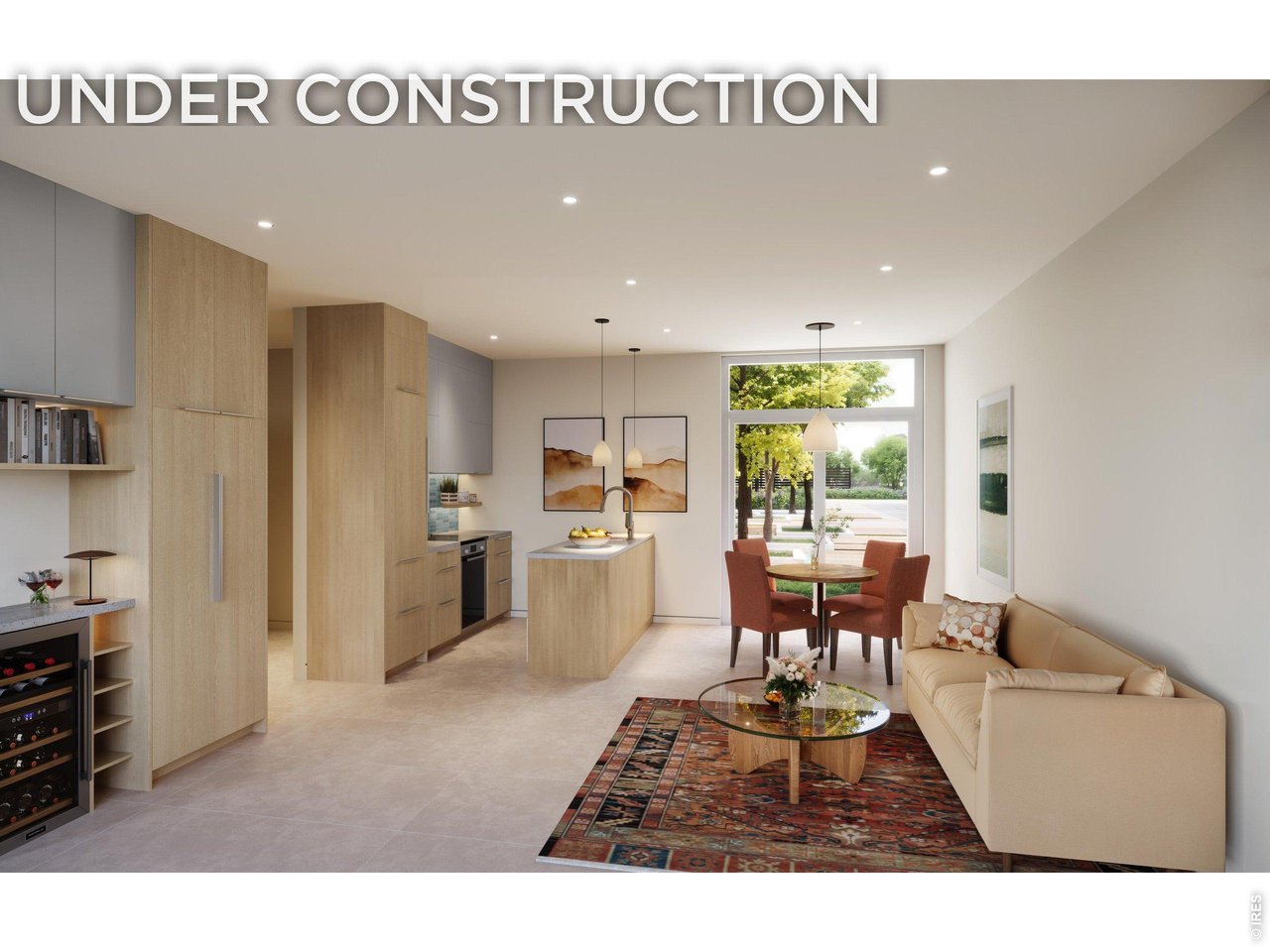 La Vie Lumiere *Interior rendering of the main living level. Corner Residence - 2 Story Townhome facing south, airy open concept. Entertainer's kitchen, huge 5 X 19 patio off the SW side, abundant outdoor living space! 