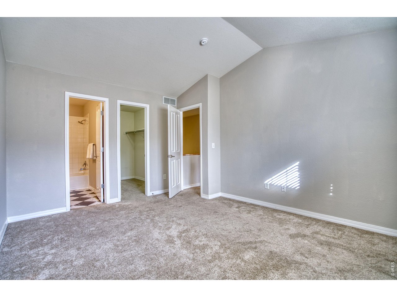 Primary bedroom with private bathroom, vaulted ceiling and walk-in closet