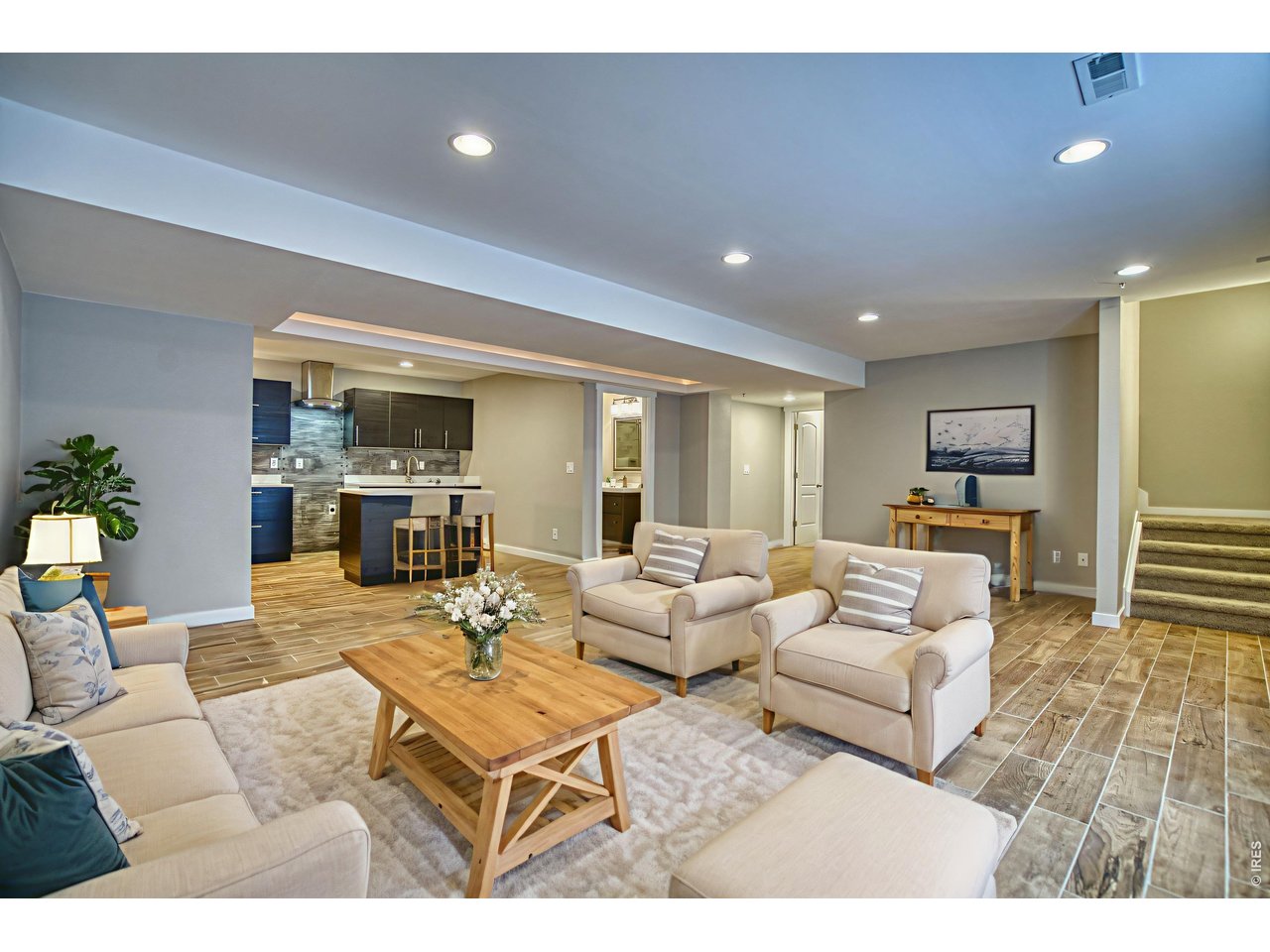 Finished Basement Living and Kitchen