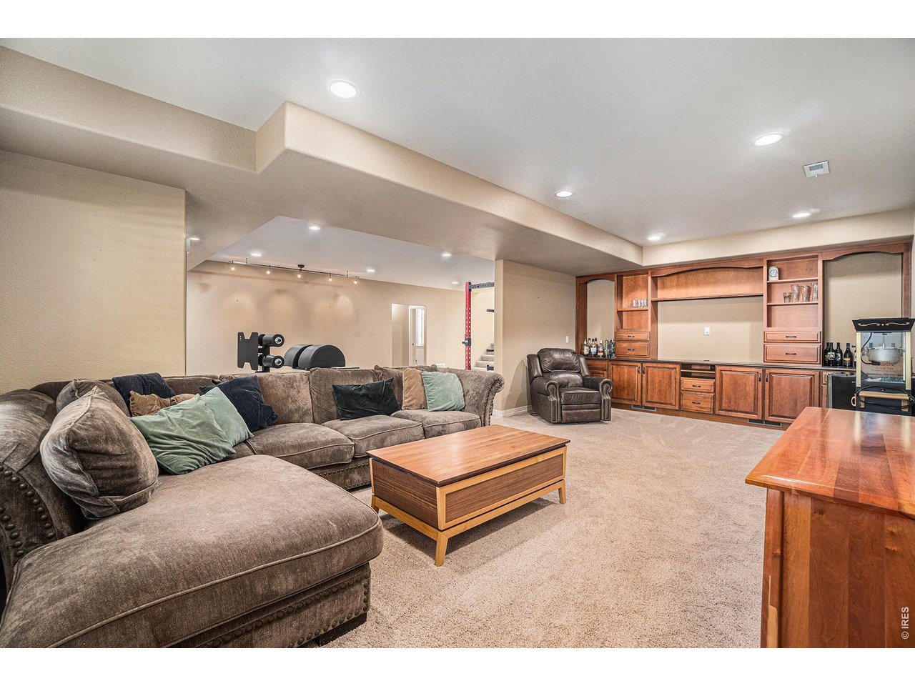 Basement family room with custom built ins