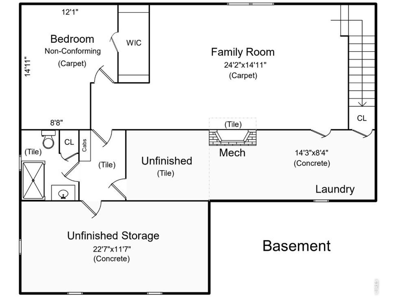 Basement Floor Plan: Look at the size of that Family Room! But you still have tons of storage space to work with.