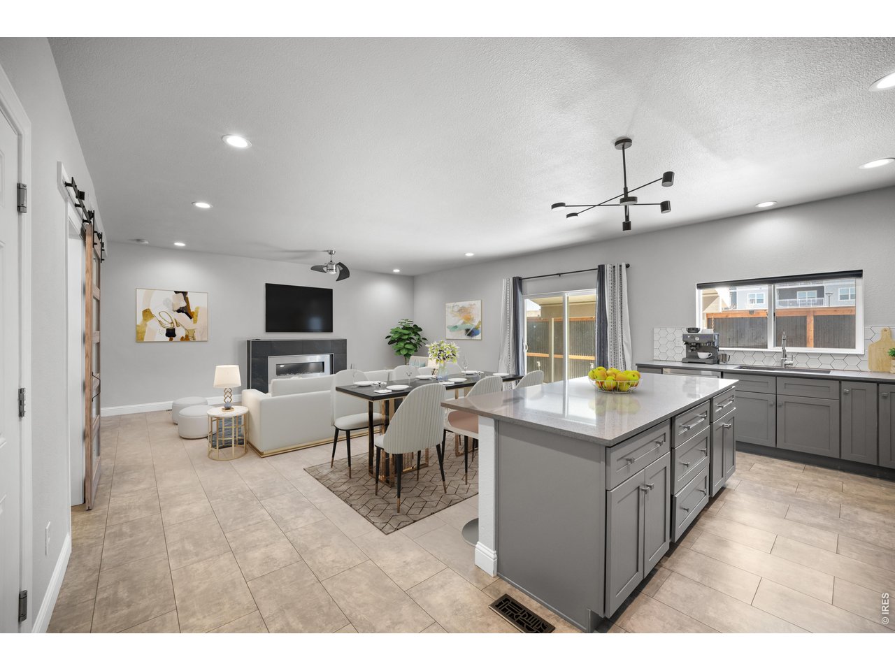 Virtually Staged Kitchen, Dining Room and Living Room