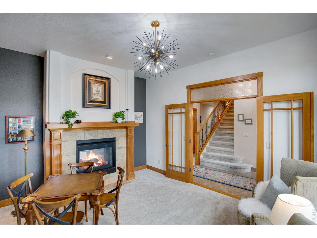 Dual sided fireplace with the Great Room, a cozy front office- conveniently located right off the entry way