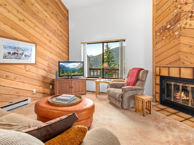 Property Photo 4 Living area with vaulted ceilings, fireplace and mountain views