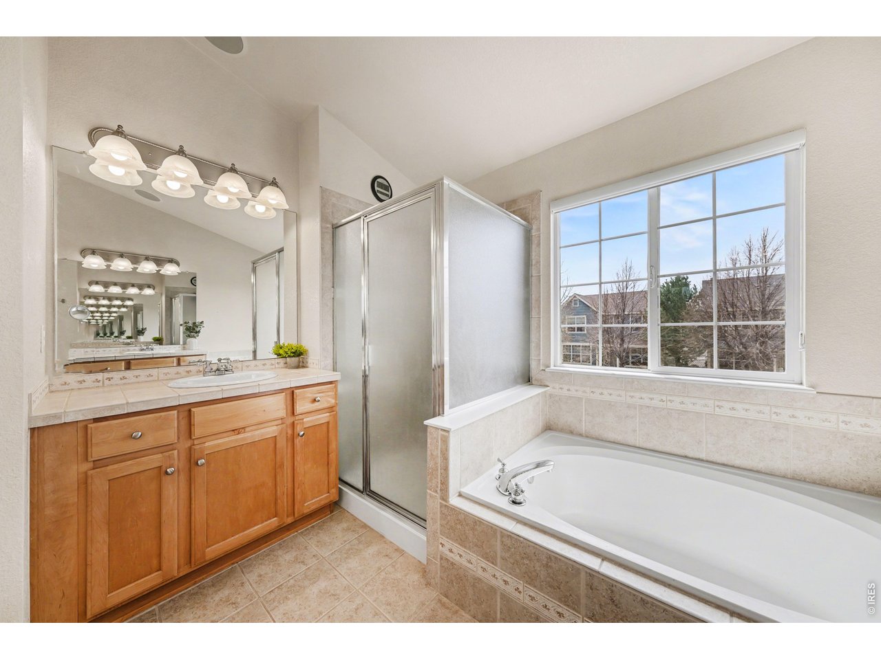 Spa-like primary ensuite featuring a deep soaking tub, separate walk-in shower, and expansive vanity with dual sinks