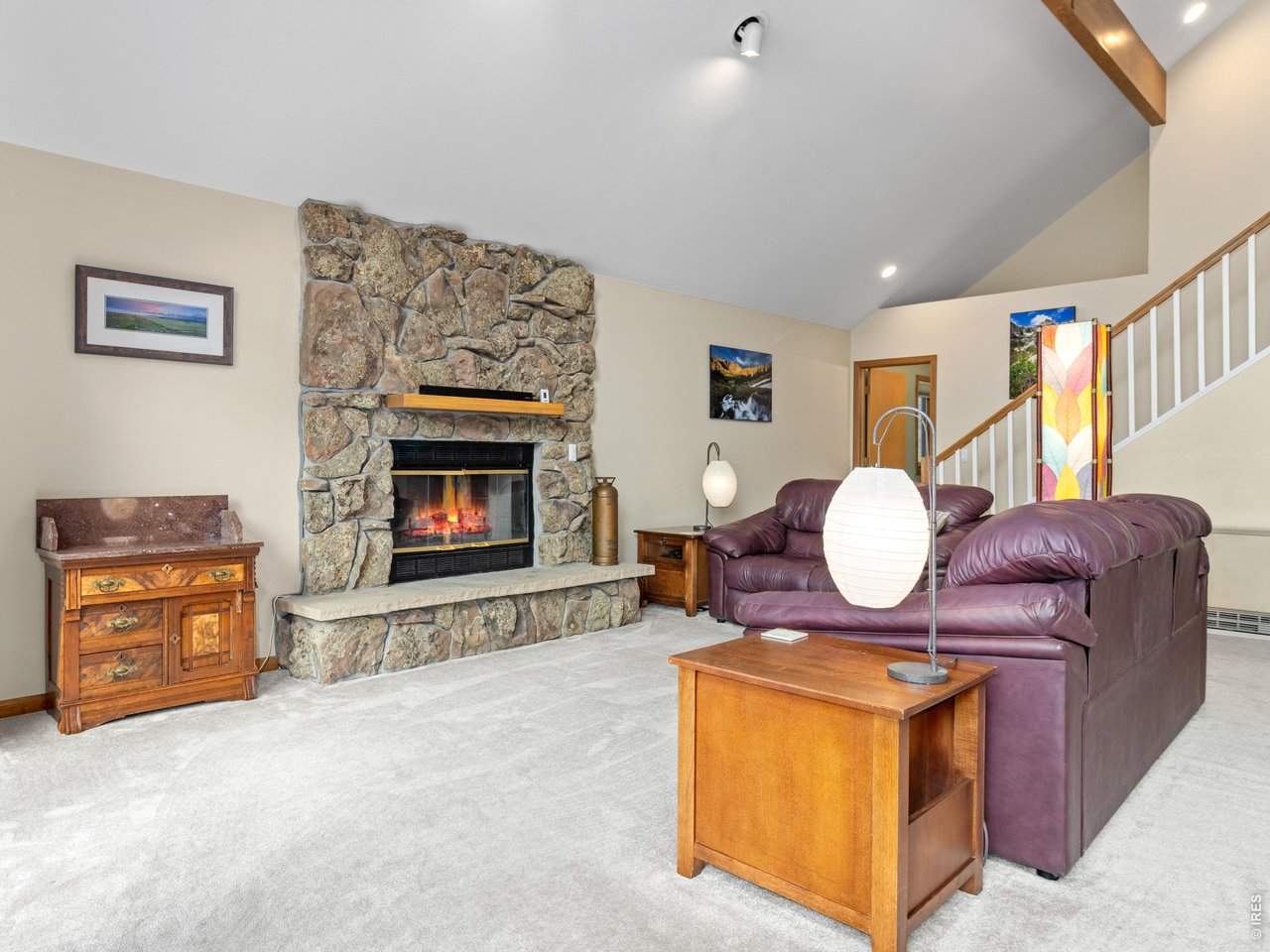 Beautiful moss rock fireplace
