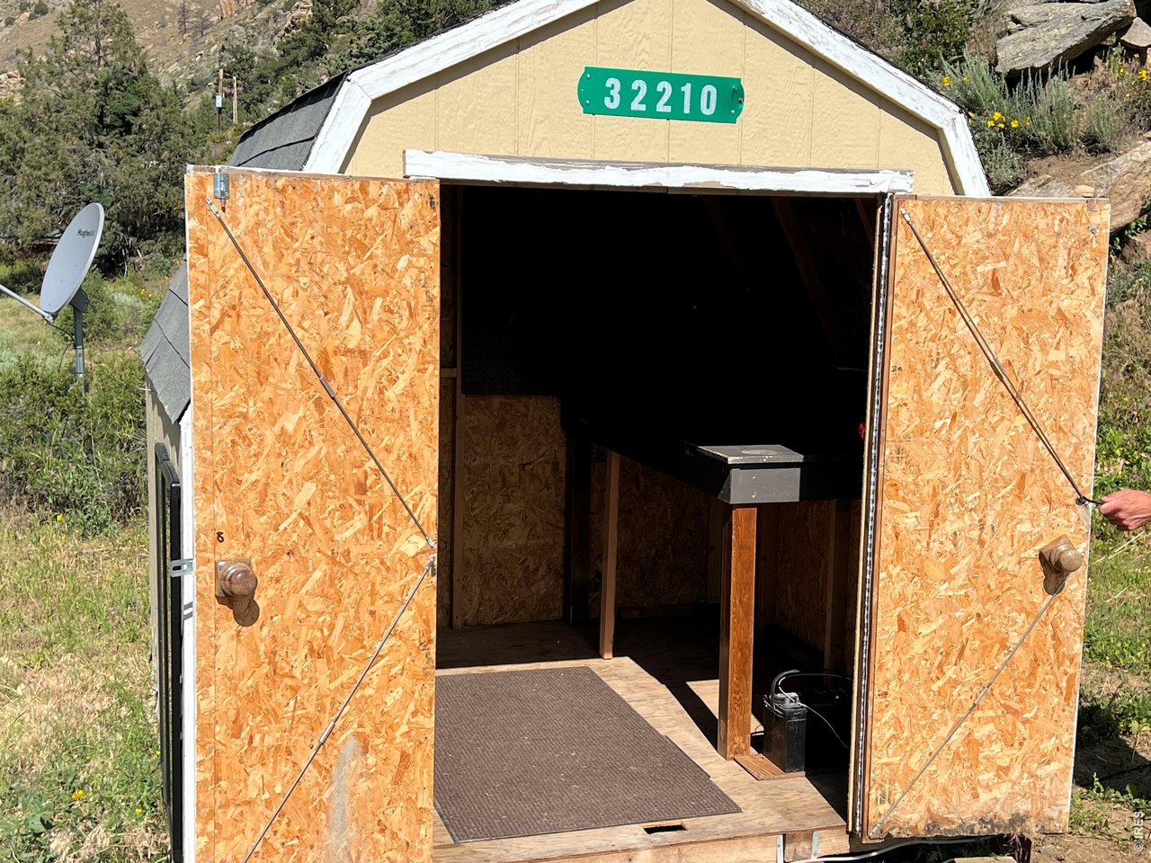 Workbench inside storage shed.