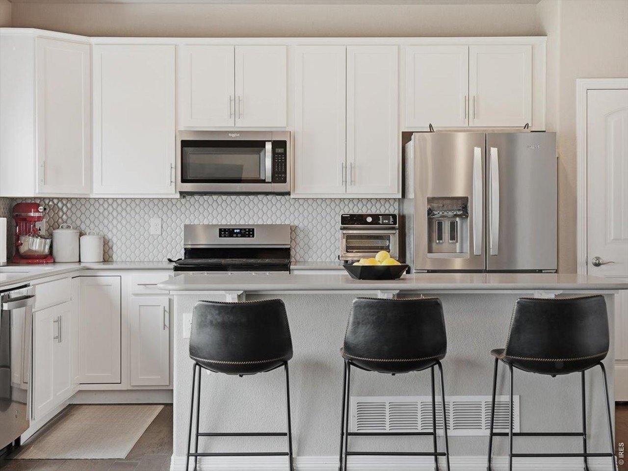 White Kitchen Cabinets with Island Seating