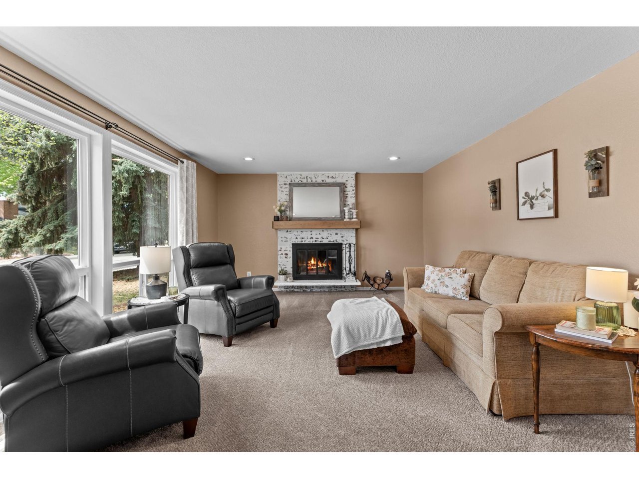 Updated wood-burning fireplace in the living room