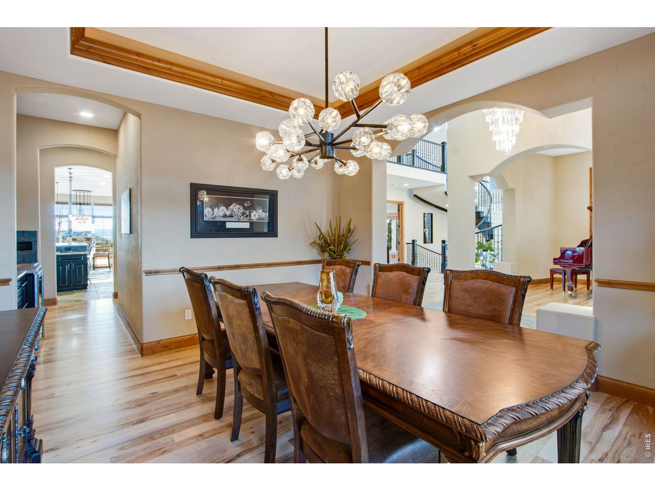 Front formal dining room features a tray ceiling, crown molding and rope lighting