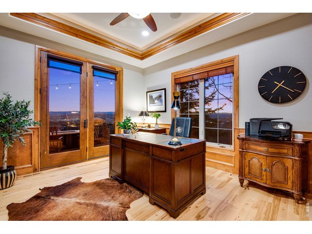 Property Photo 27 French doors lead you into an executive office featuring a gas fireplace with granite backsplash, trey ceiling with fan, wainscoting, crown molding, rope lighting plus patio access