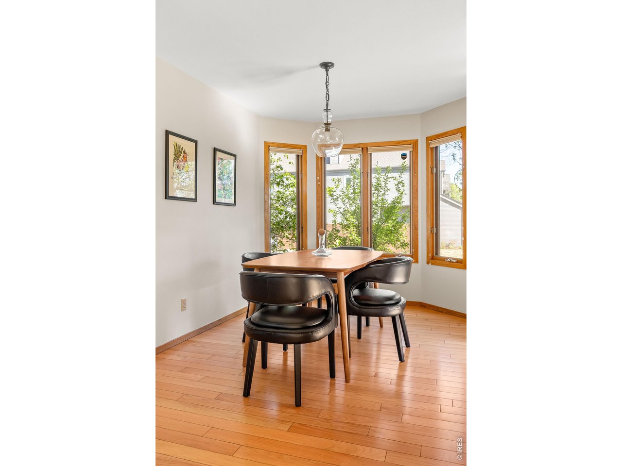 A sun-filled dining space framing leafy nature views. 
