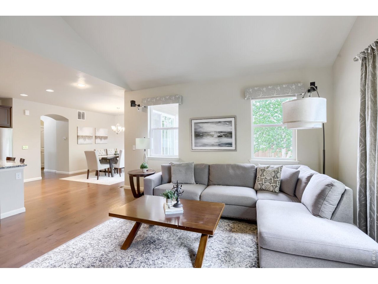 Family room with vaulted ceiling