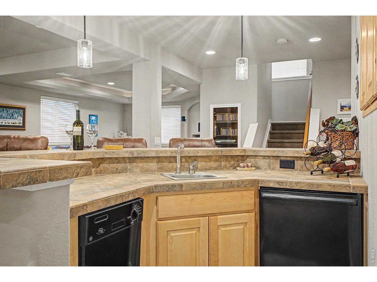 Wet bar with sink, dishwasher, fridge 