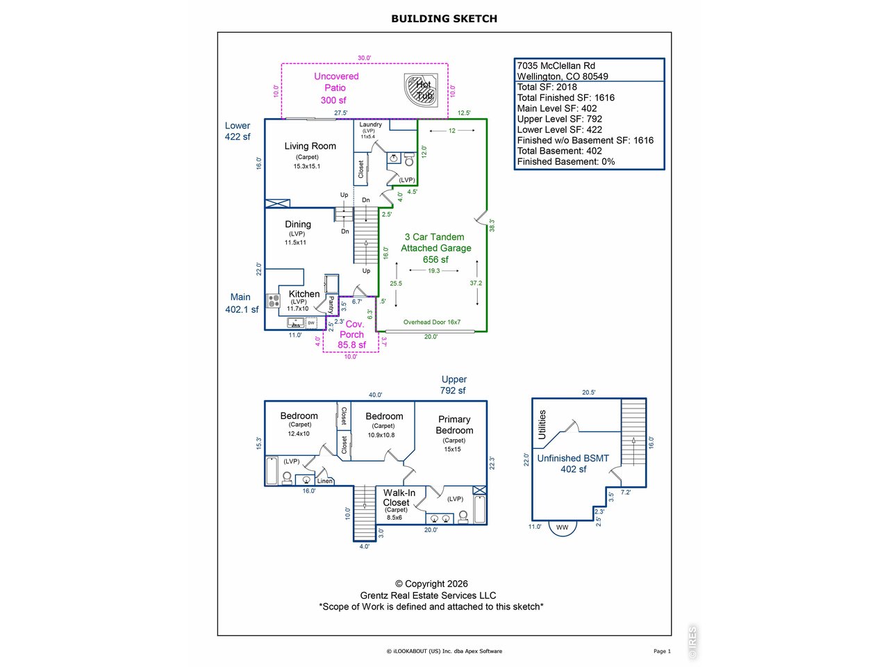 Floor Plan 2,018 SQFT - Lower as-is 4th Bedroom or Office. 