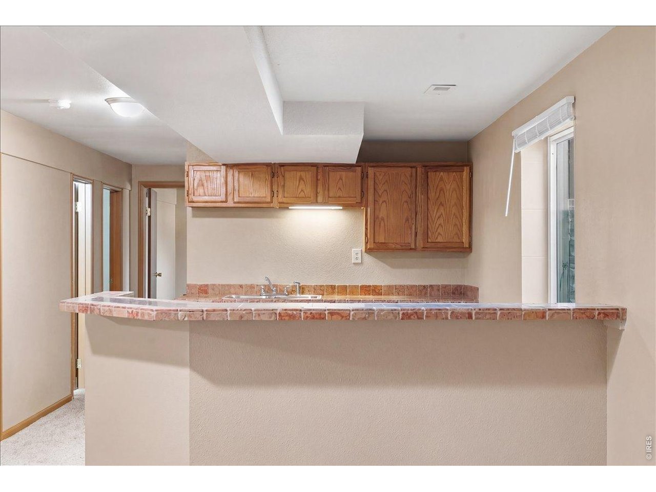 Tiled wet bar in basement