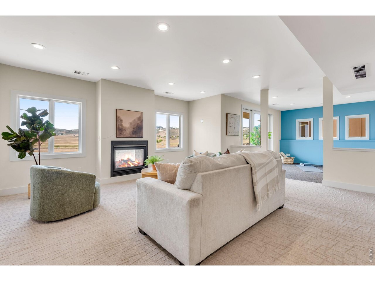  9 foot foundation walls has dual sided fireplace! High Traffic, plush carpet. Great area for working out! 