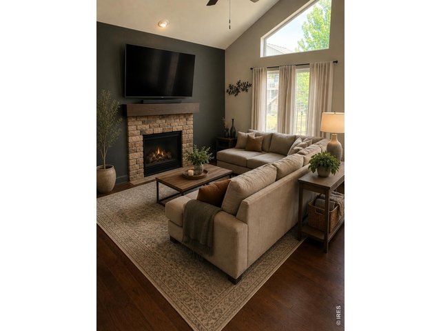 Property Photo 10 Great Room with Stone Gas Fireplace & Vaulted Ceilings
