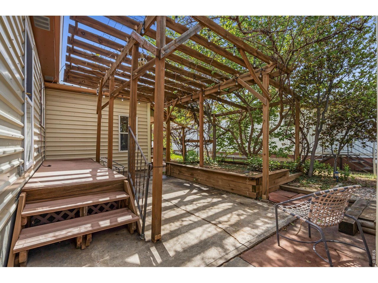 Great entertaining spot under pergola with grape vines and fruit trees surrounding.
