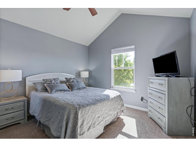 Property Photo 14 Primary bedroom has large walk in closet, cathedral ceilings, east facing window, and a ceiling fan.