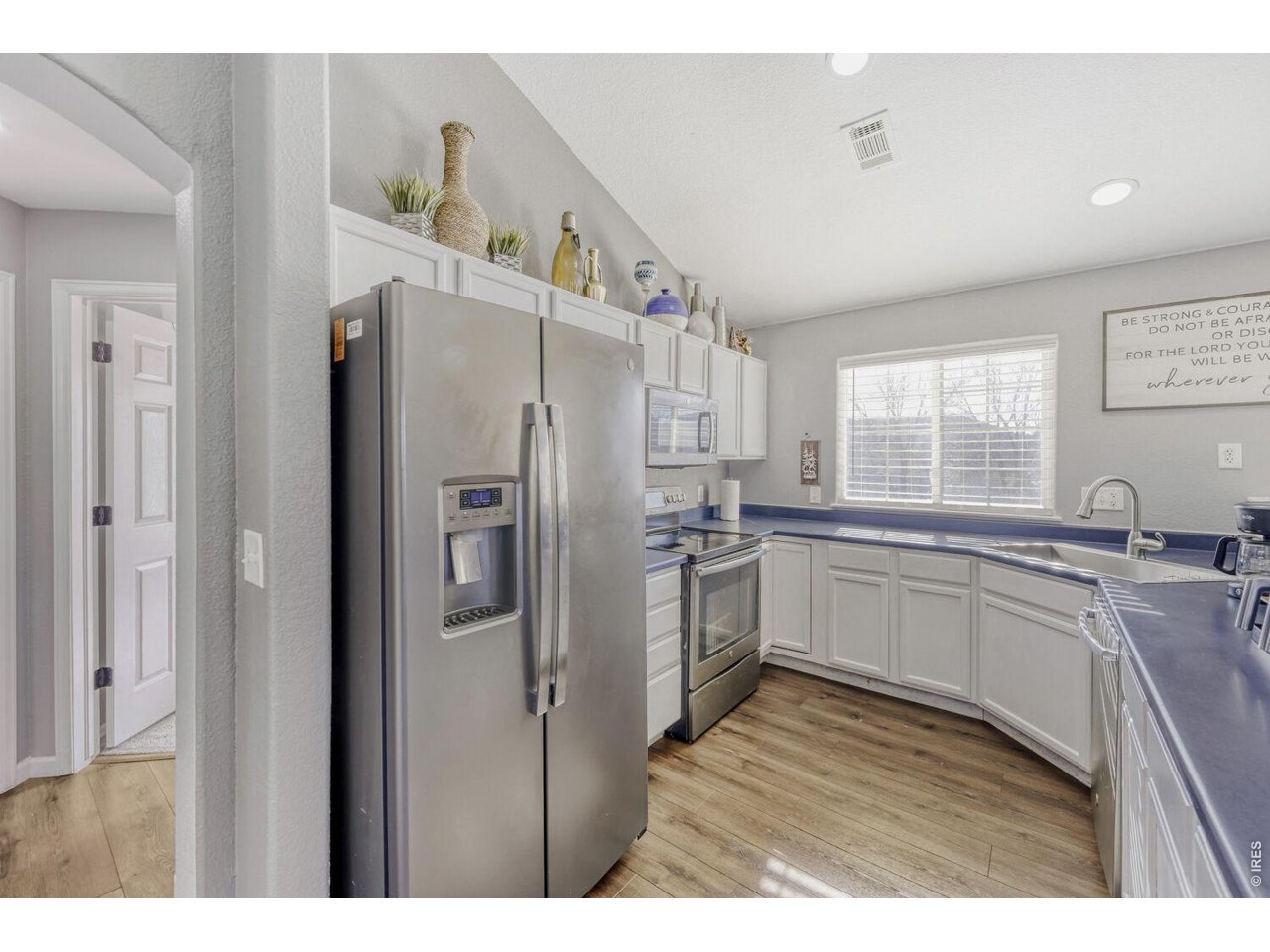 Nice kitchen with stainless appliances, freshly painted cabinets, lots of light.