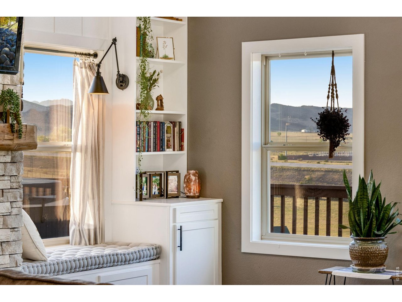 Sitting bench with storage, cabinets and shelving