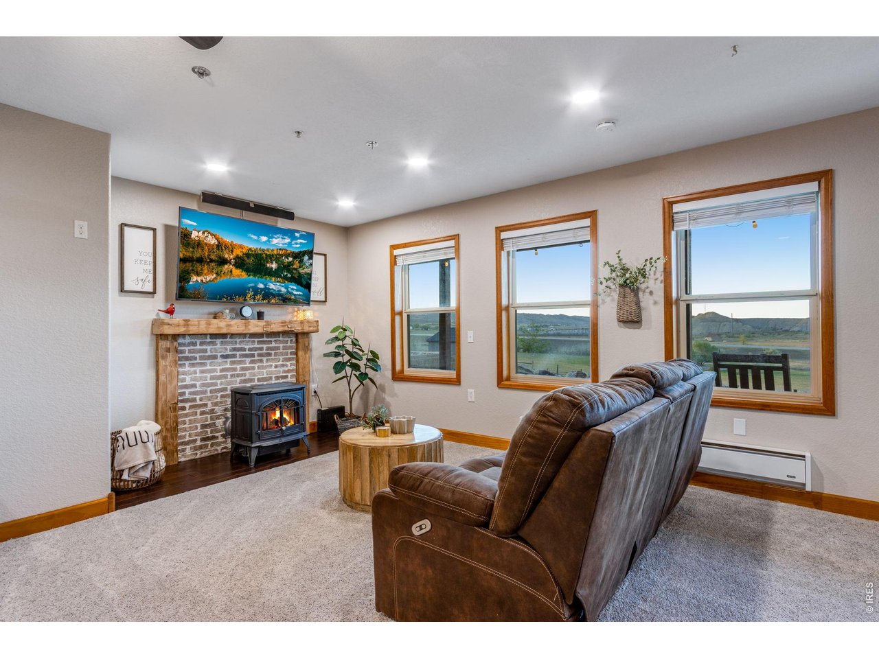 Walk-out basement features a pellet stove 