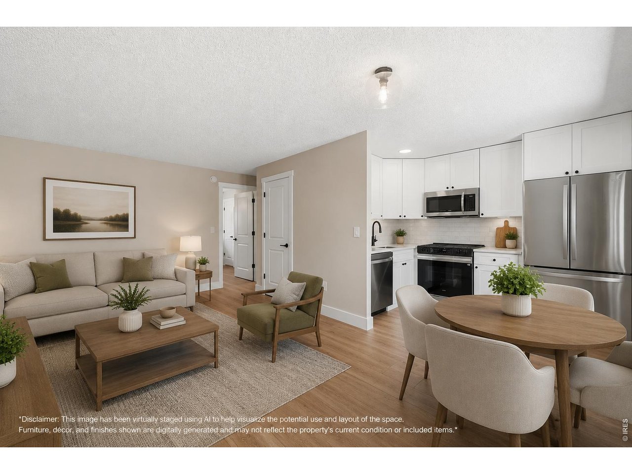 Virtually staged living room, dining room and kitchen