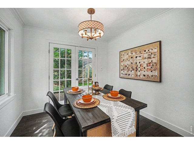 Property Photo 11 Formal dining space anchored by premium wood flooring. Classic French doors provide plenty of natural light and open to the wrap-around brick patio for morning coffee.