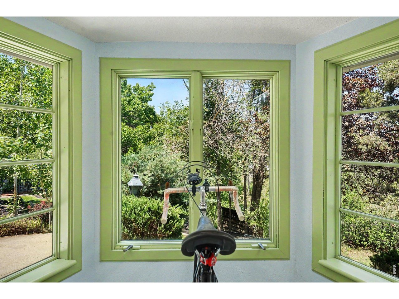 Flooded with natural light from multiple windows framing peaceful, leafy backyard views.