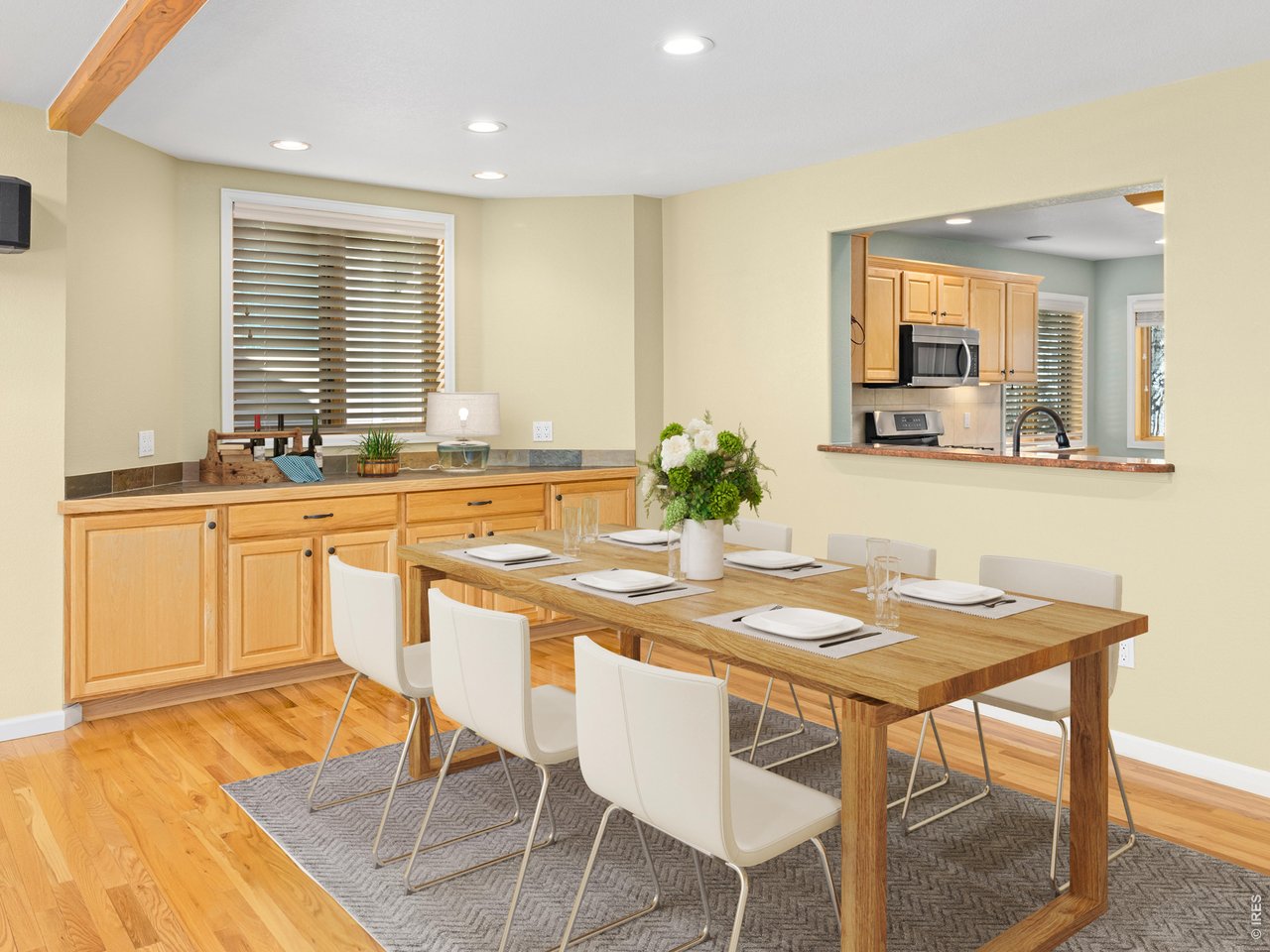 Dining area with built-in buffet and pass through for service