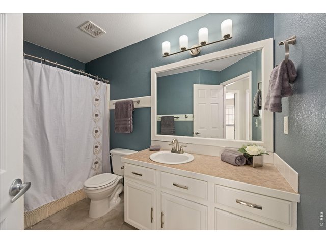 Property Photo 26 Bathroom #2 with double shower head, painted cabinets and updated handles, faucet and towel bars