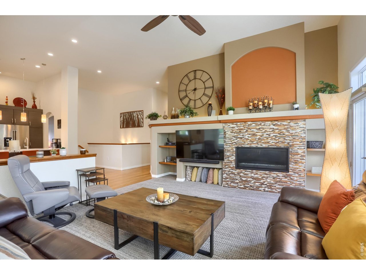 Great room with updated fireplace and media