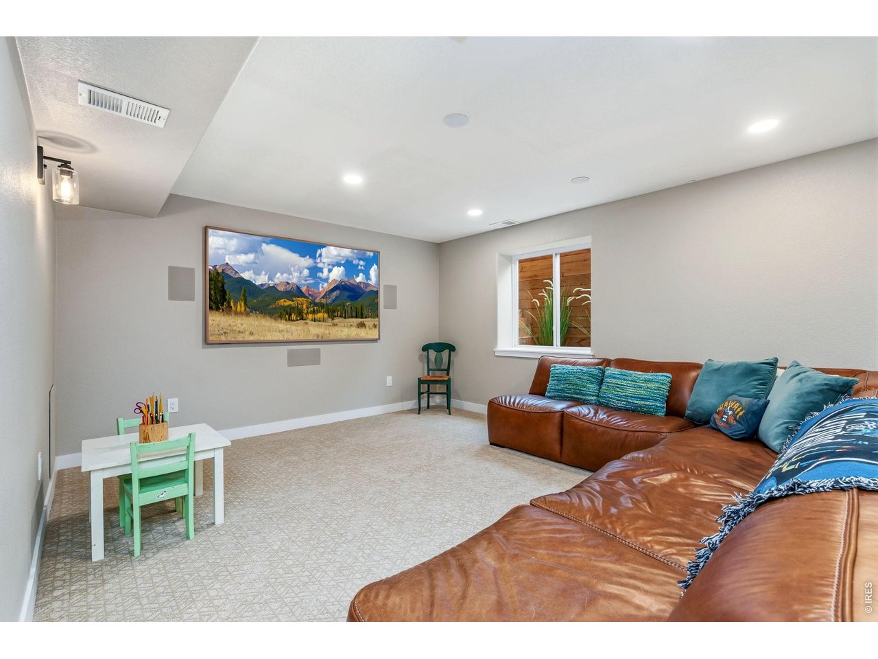 New favorite place, this professionally finished basement rec room (22.4x13.4) with casual theater room in 5.1.4 immersion sound