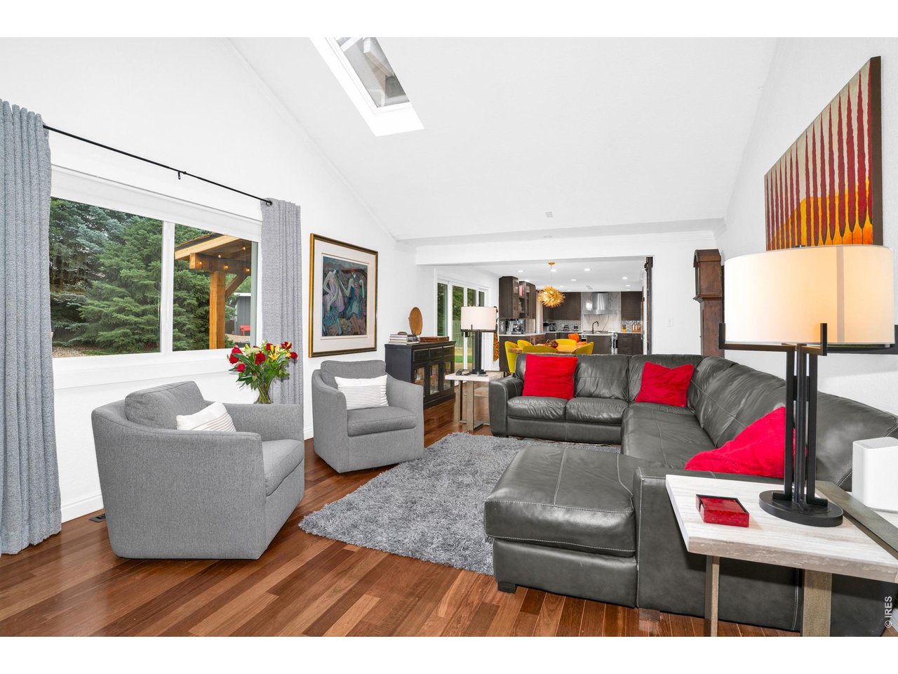 family room flows directly into the dining and kitchen