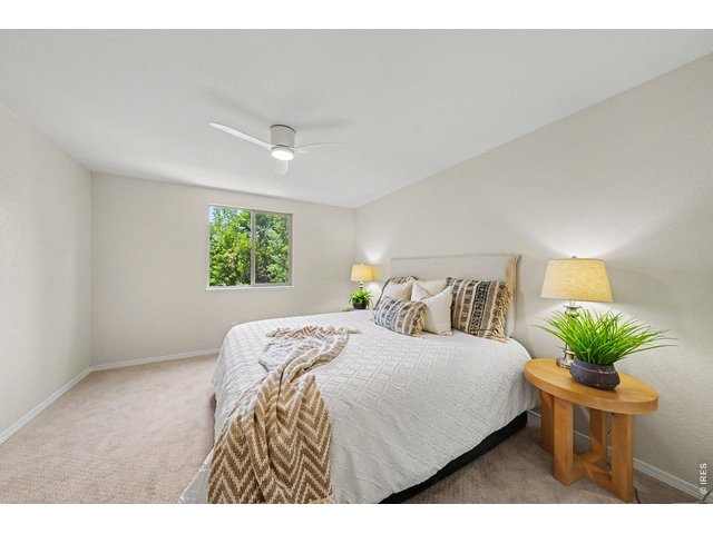 Property Photo 17 Spacious primary bedroom featuring fresh carpeting, a modern ceiling fan, and a large window looking out onto mature trees.