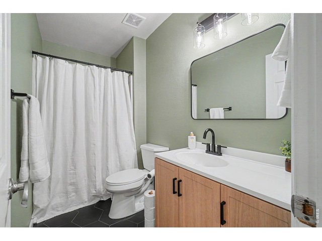 Property Photo 26 Beautifully updated bath featuring calming sage green walls, a natural wood-toned vanity, striking black hexagonal floor tiles, and contemporary fixtures.