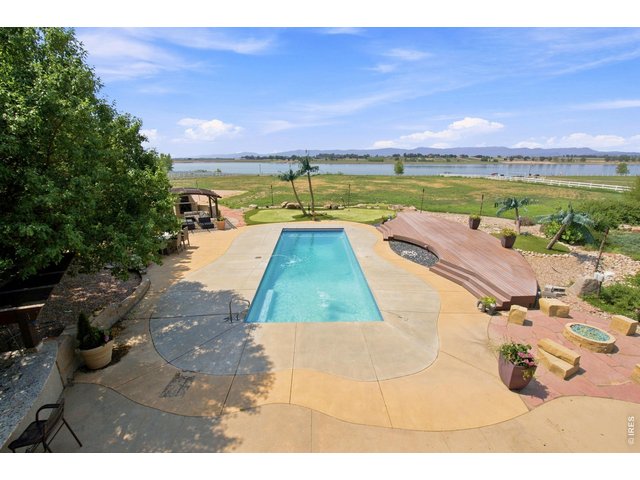 Property Photo 4 Elevated view showcases the pool, outdoor entertaining areas and spectacular reservoir and Front Range backdrop.