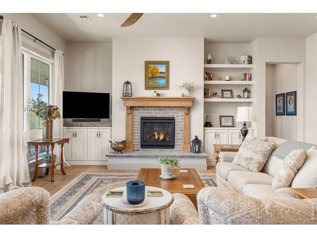 Property Photo 12 Gas fireplace with custom built-ins creates a comfortable focal point within the main living area.