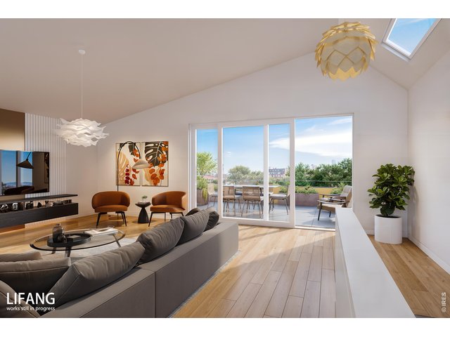 Property Photo 4 4th or upper level Lounge area, with wet bar option, vaulted ceiling, flows out to a spacious upper rooktop deck! White Oak flooring, has 3rd bedroom on this level too! *This is a render, not the actual build.