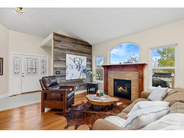 Property Photo 2 Living Room with views of the foothills. Cozy fireplace, vaulted ceilings and mixed use entertainment space