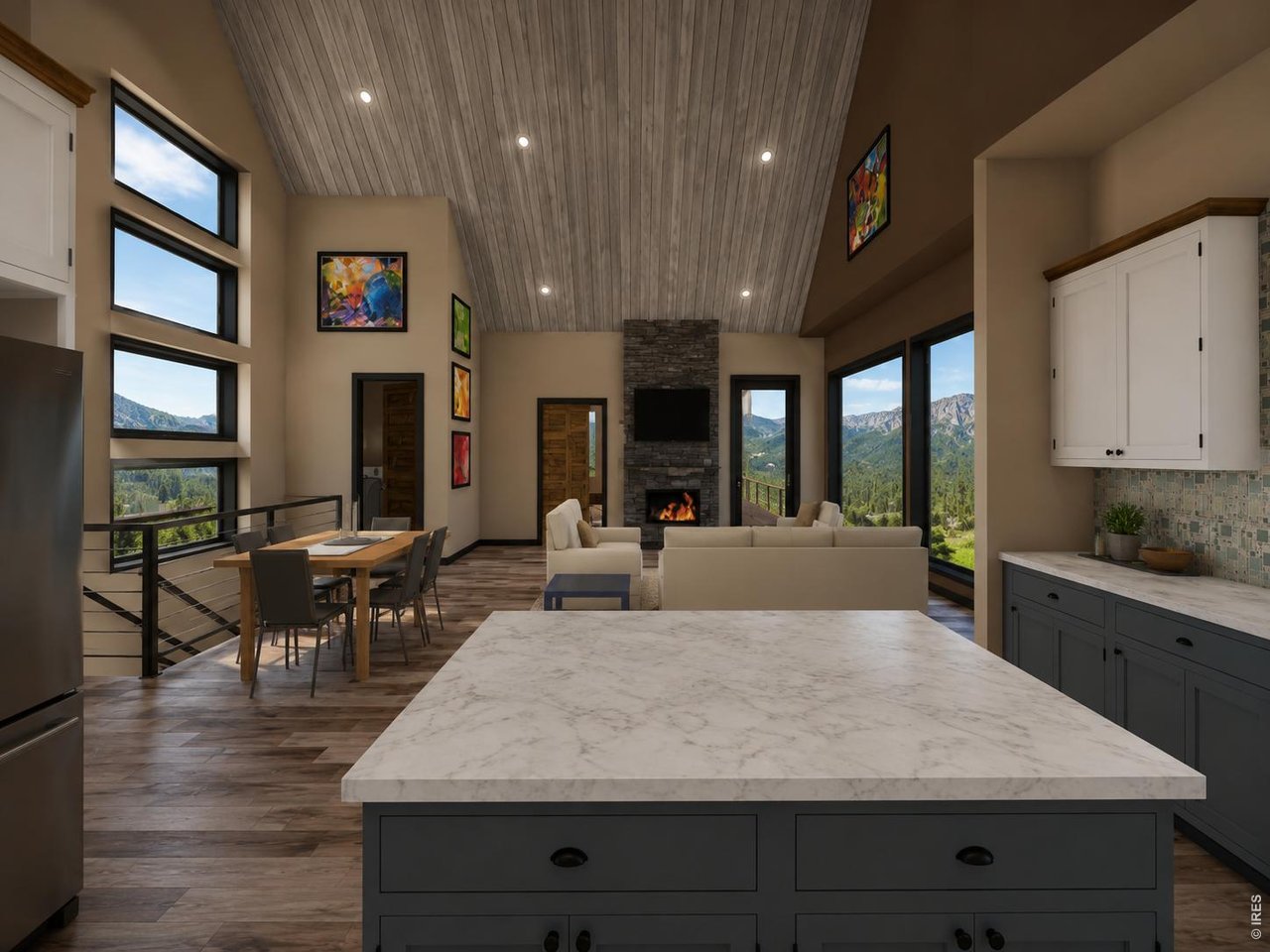 Property Photo 3 Rendering of the great room, with soaring ceiling and stone fireplace