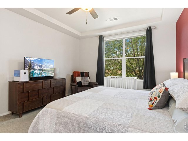 Property Photo 18 Carpeted main floor bedroom with tray ceiling and large window.