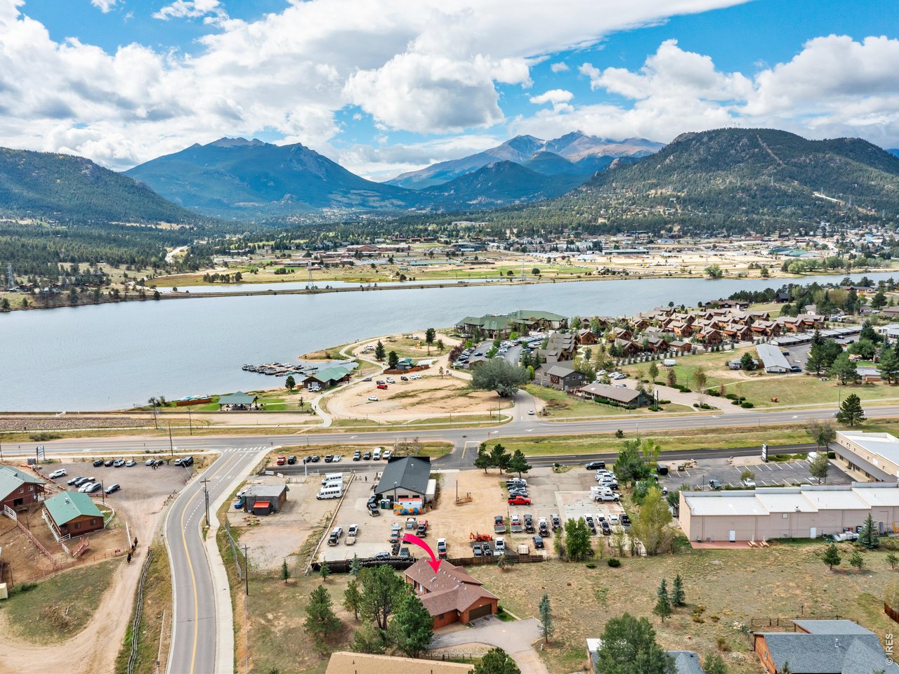 Property Photo 5 Aerial looking South across Lake Estes and up to Twins, Meeker & Longs Peak