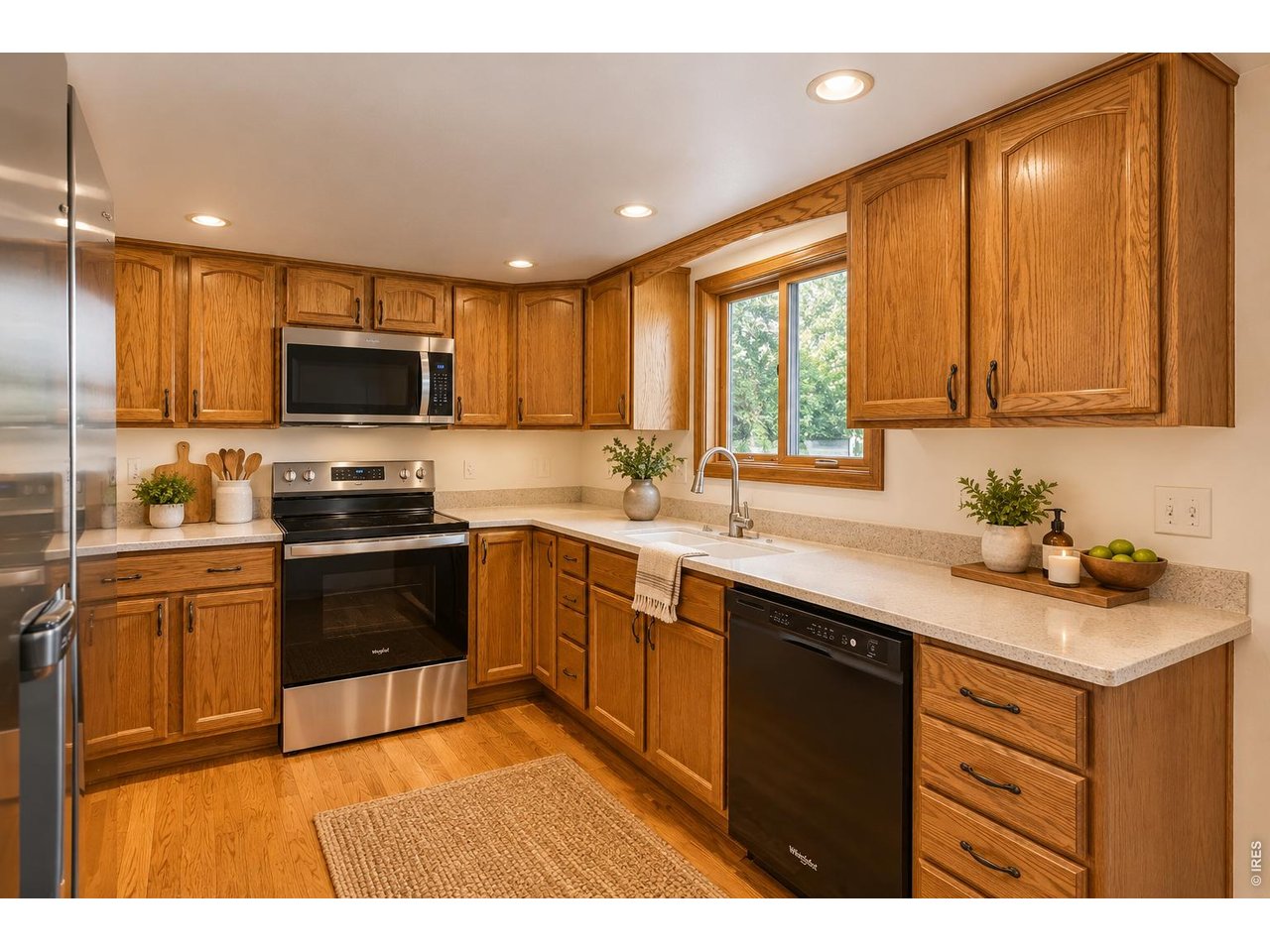Property Photo 15 Kitchen with brand new range and microwave. Corian countertops.